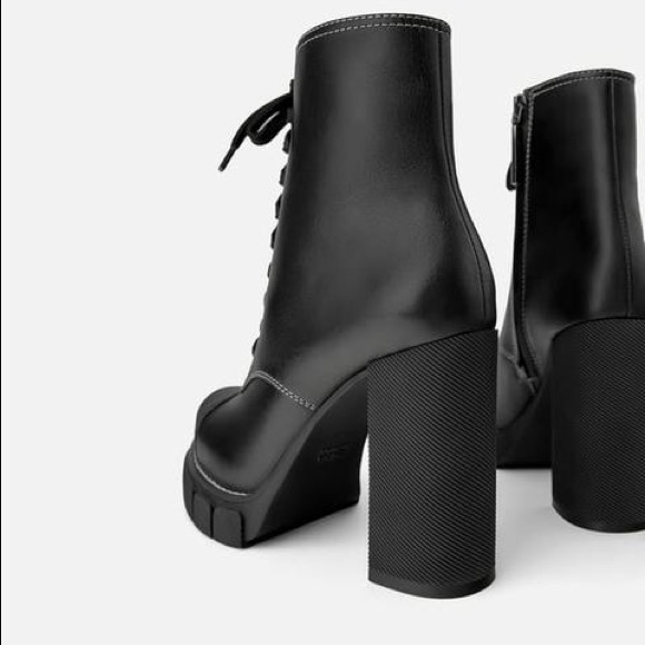 Zara Leather High Heel Ankle Boots Lug Soles Black - Picture 4 of 10